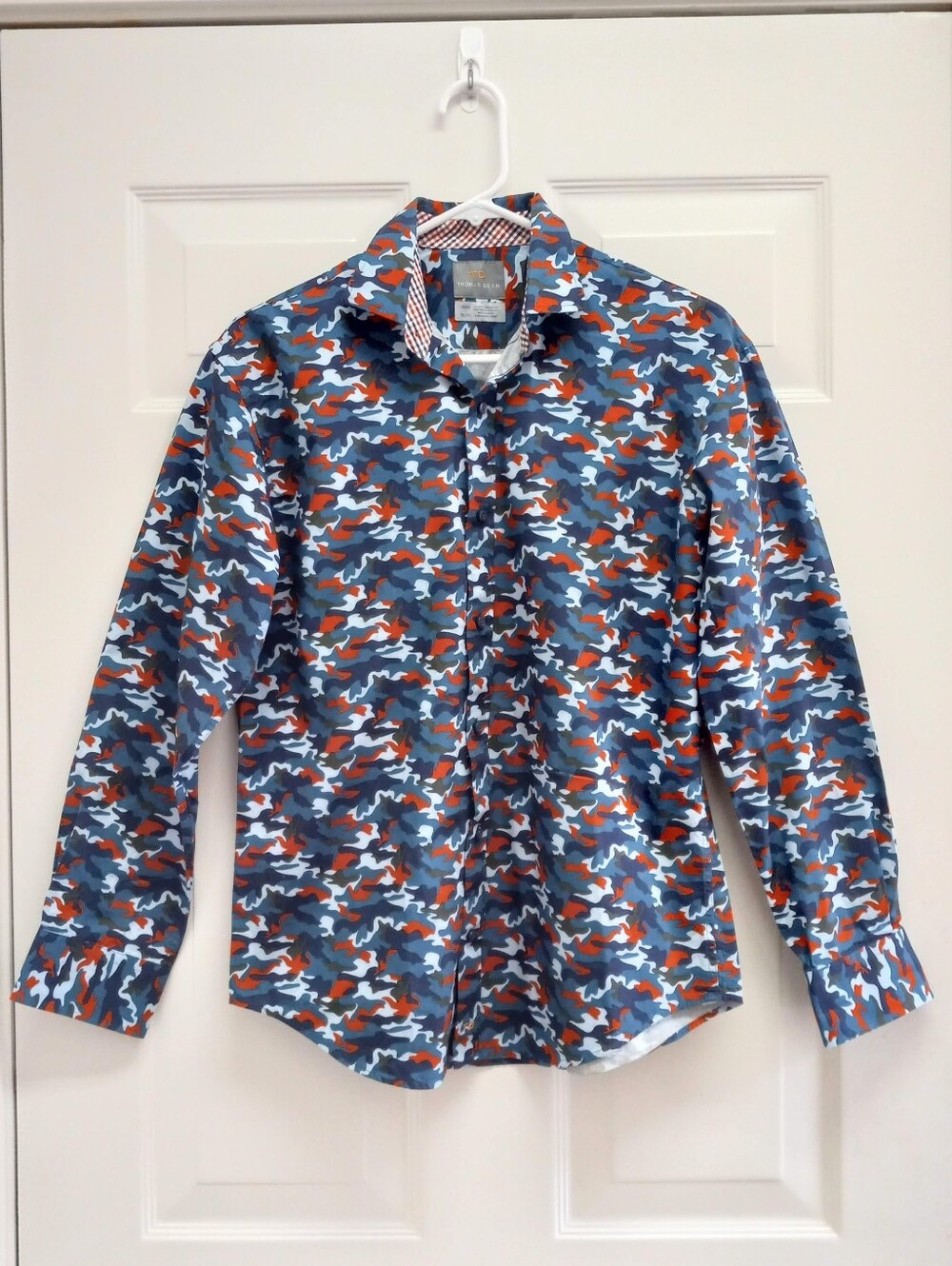 Thomas Dean Boys Camo Button Up Shirt Long Sleeve Flip Cuff Blue Orange XL 18/20